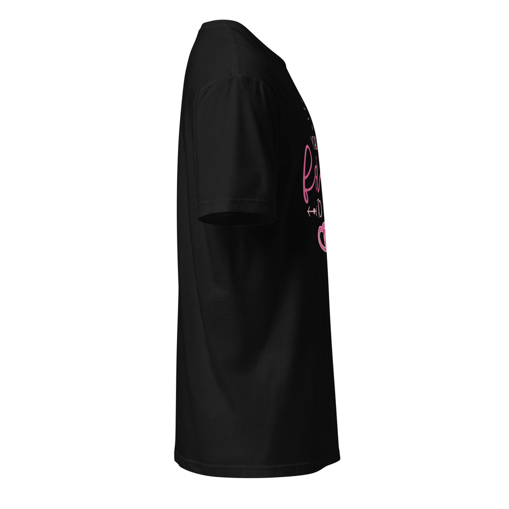 Black t-shirt right side with pink I Year Down Forevery To Go text and interlocking heart graphics on the front on a white background