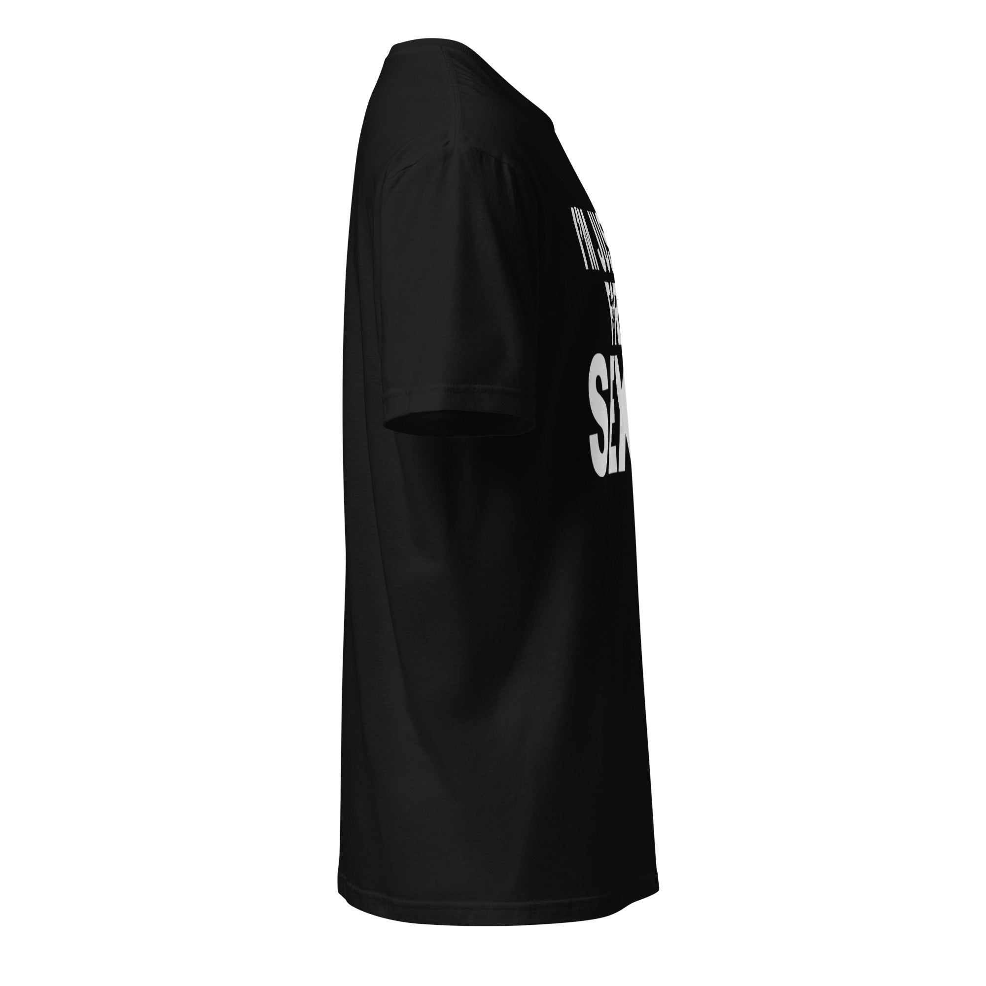 Black t-shirt ride side with white and green text on the front on a white background