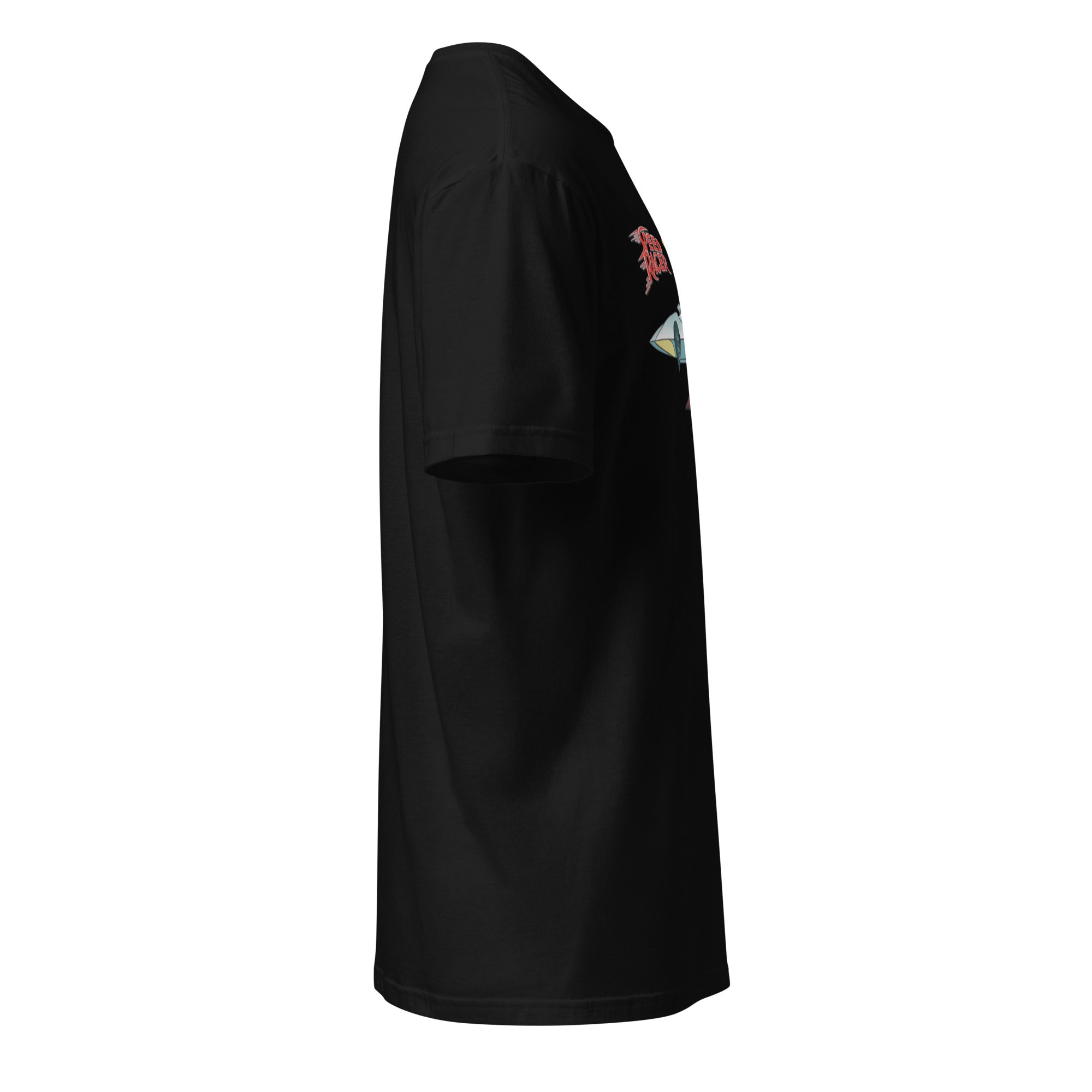 Right view of a black t-shirt against a white background