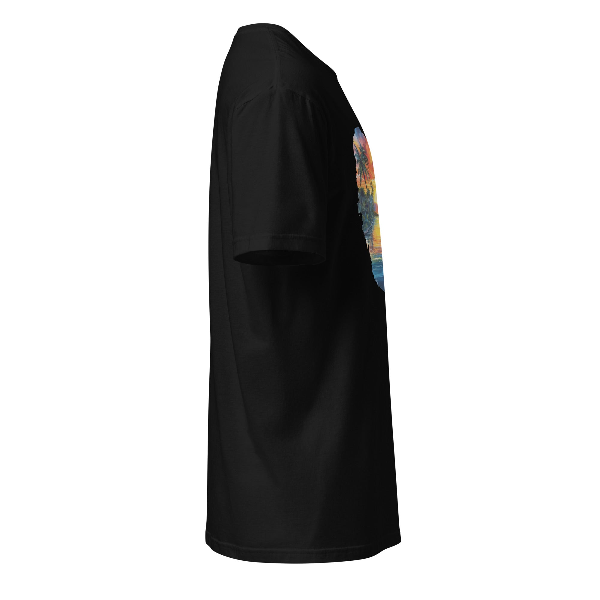 Right view of a black t-shirt against a white background