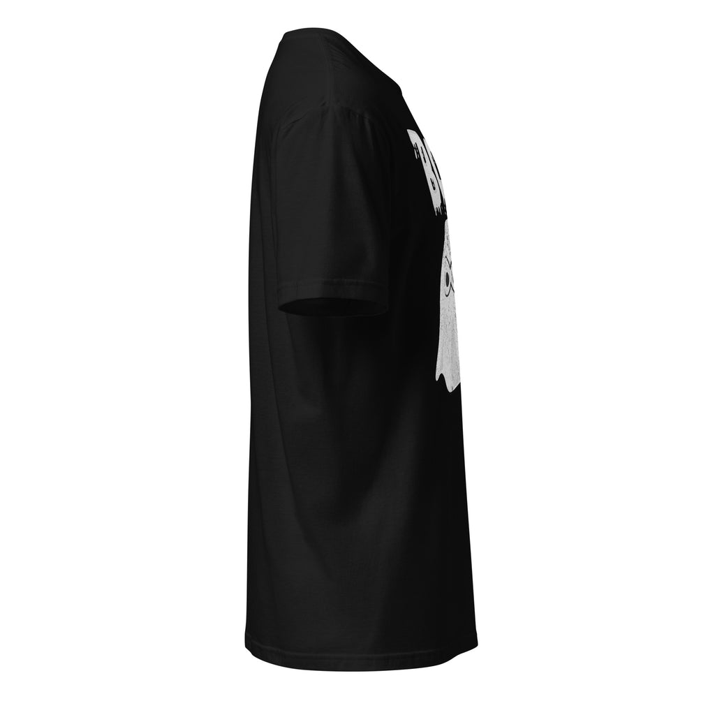 Right view of a black t-shirt against a white background