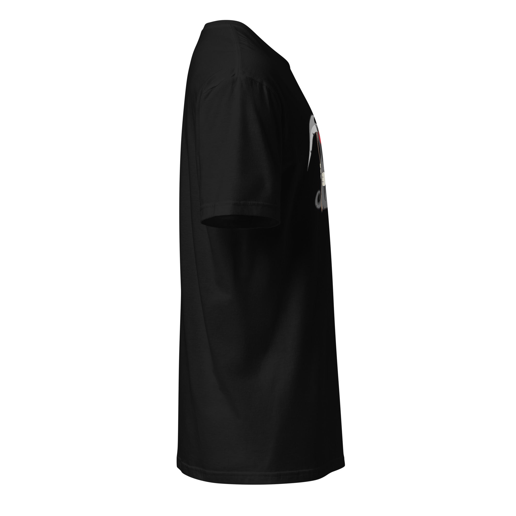 Right view of a plain black t-shirt against a white background