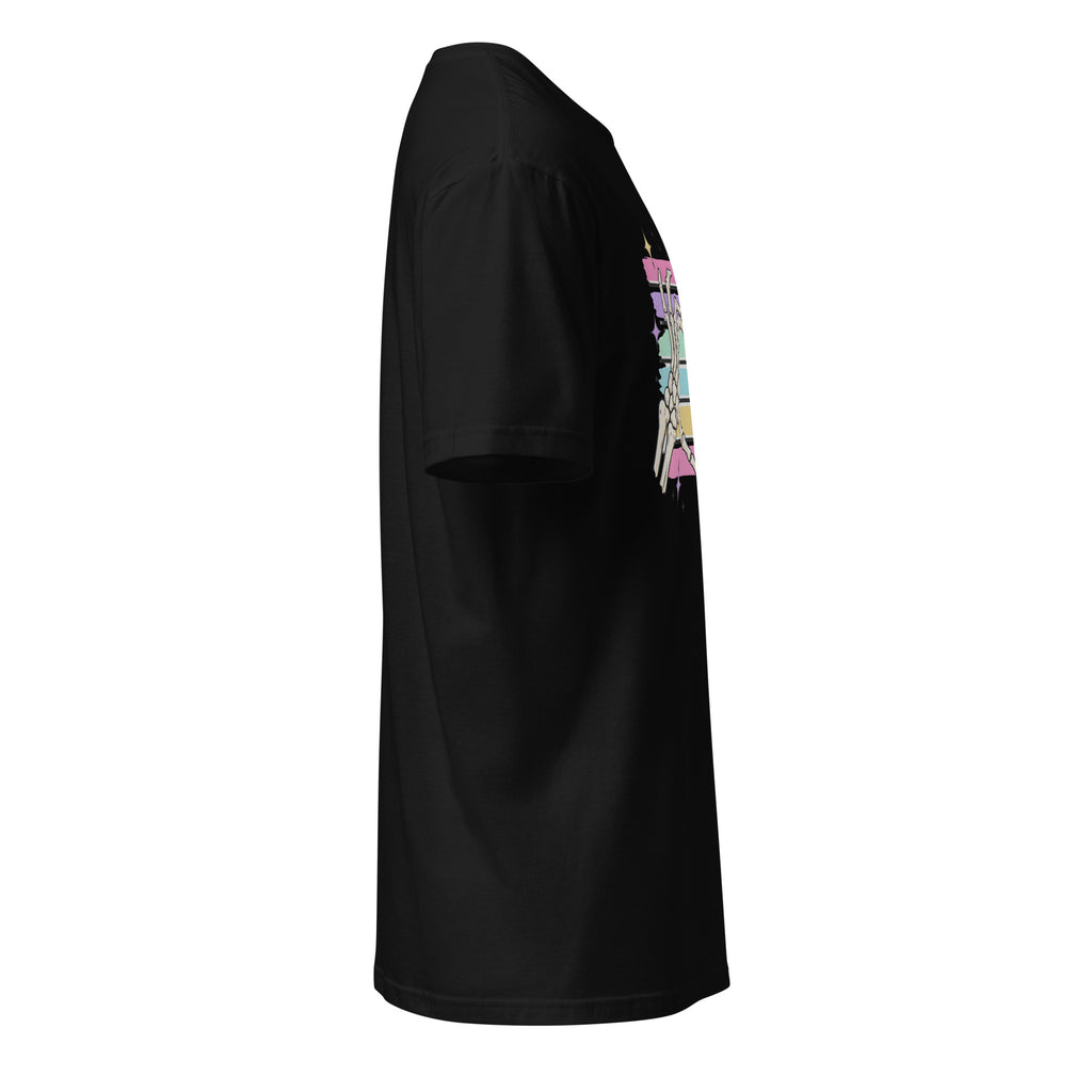 Right view of a black t-shirt against a white background