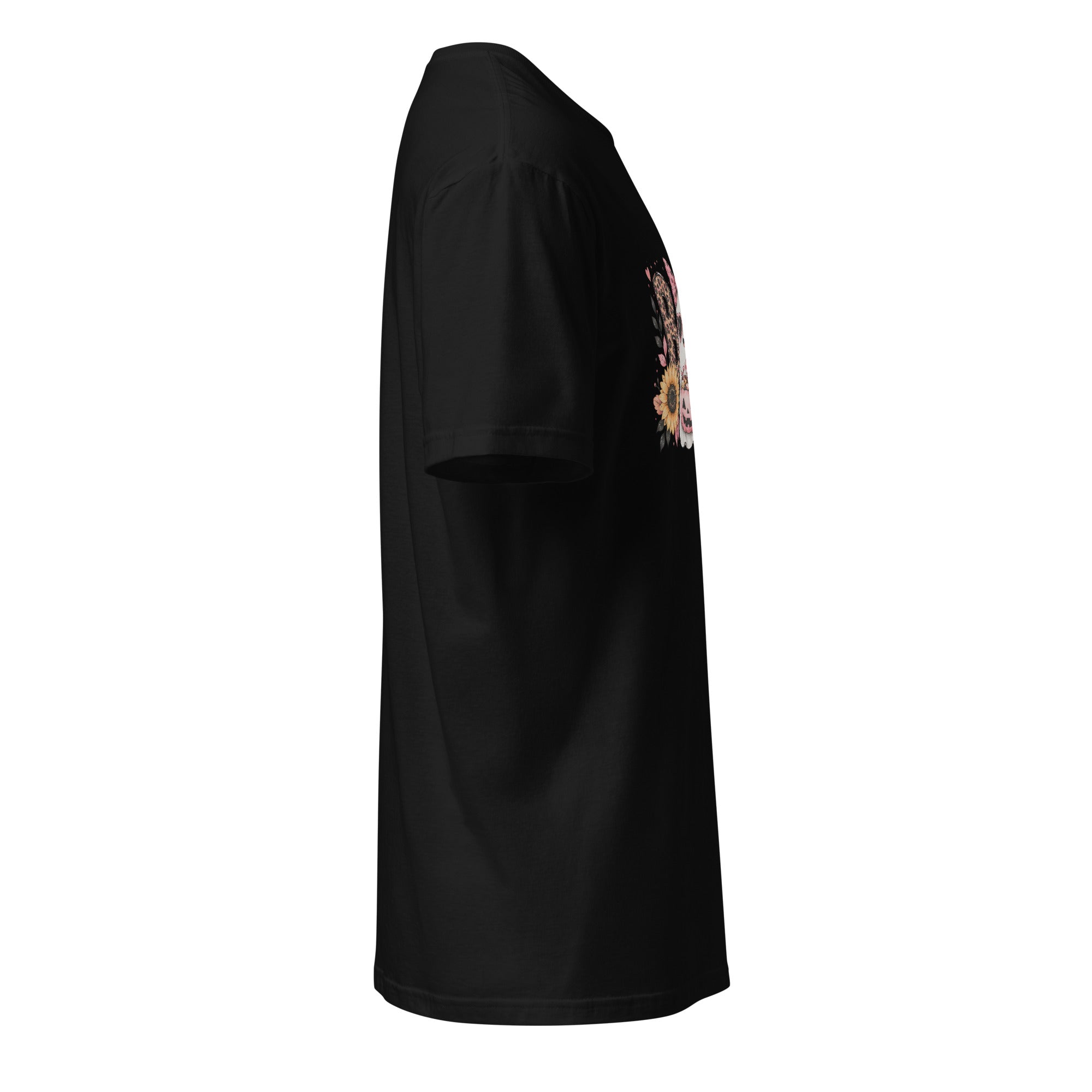 Right view of a black t-shirt against a white background