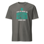 Charcoal t-shirt with teal and white This Is What An Awesome Actor Looks Like text on a white background