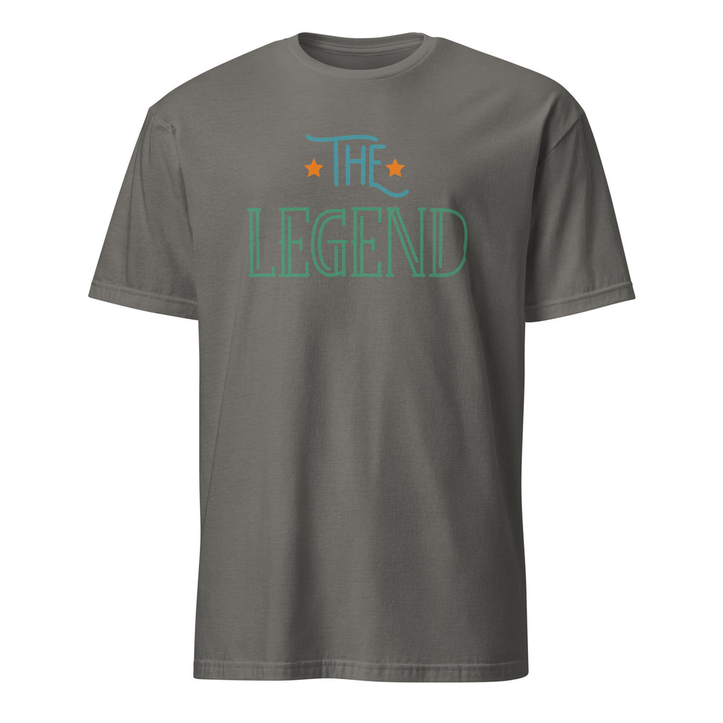 Dark Gray t-shirt with 'The Legend' text on a white background