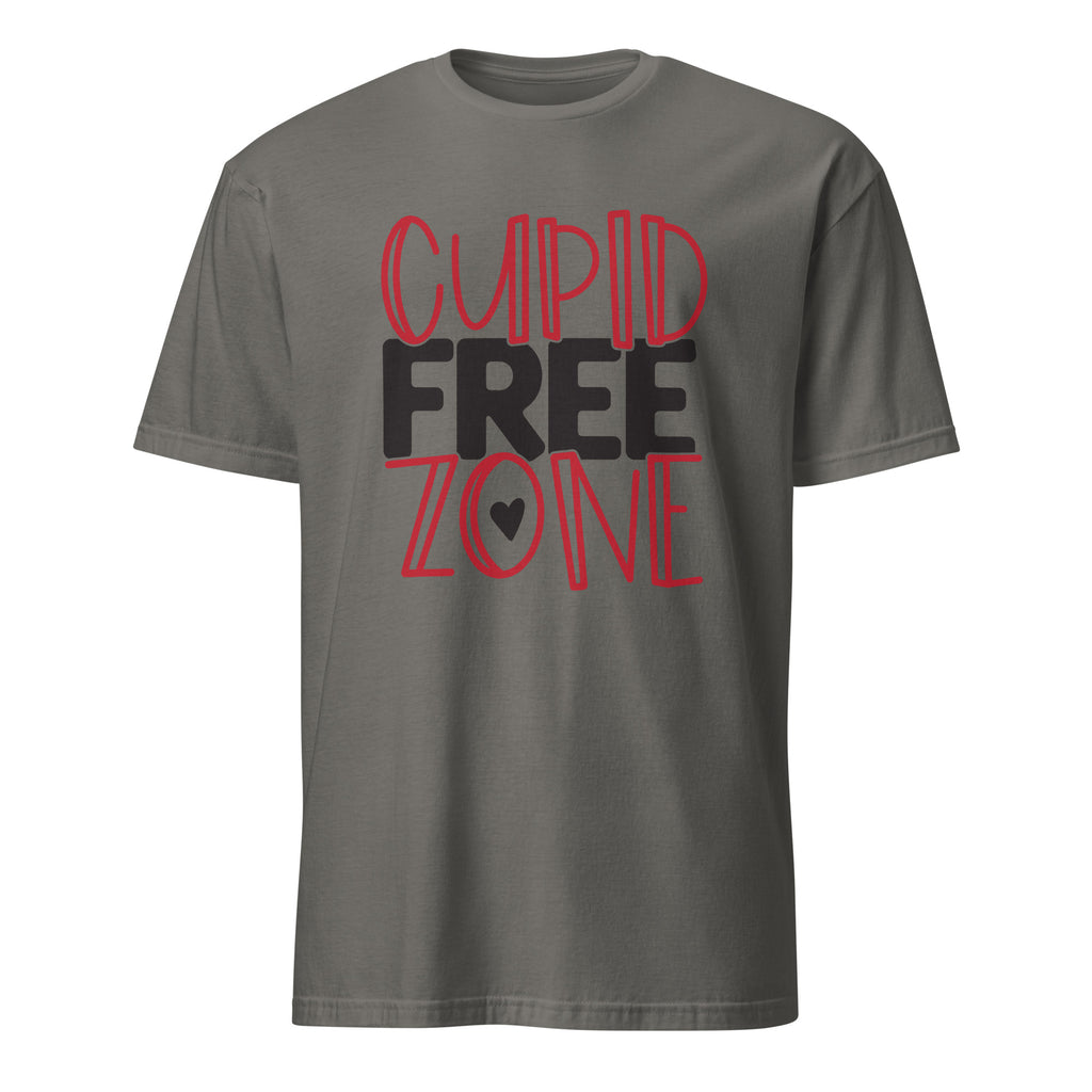 Charcoal t-shirt with 'Cupid Free Zone' text in red and black on a white background