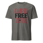 Charcoal t-shirt with 'Cupid Free Zone' text in red and black on a white background