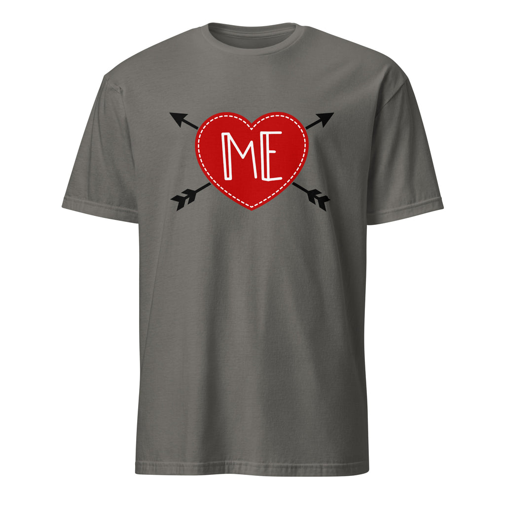 Charcoal t-shirt with a red heart and 'ME' text on a white background