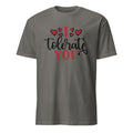 Charcoal t-shirt with 'I tolerate you' text and hearts on a white background
