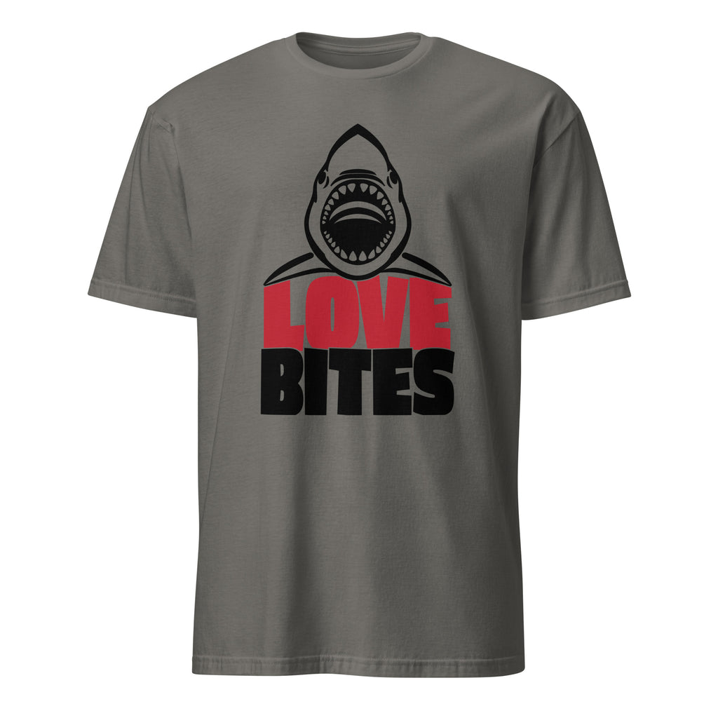 Charcoal t-shirt with a shark graphic and 'LOVE BITES' text on a white background