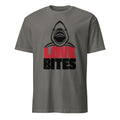 Charcoal t-shirt with a shark graphic and 'LOVE BITES' text on a white background