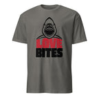 Charcoal t-shirt with a shark graphic and 'LOVE BITES' text on a white background