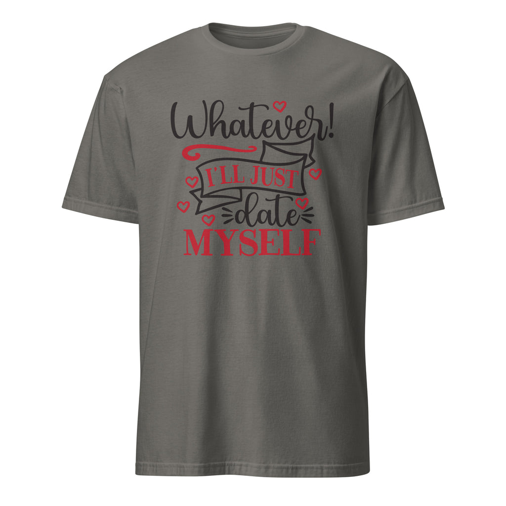 Charcoal t-shirt with humorous text design on a white background