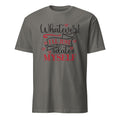 Charcoal t-shirt with humorous text design on a white background