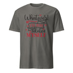Charcoal t-shirt with humorous text design on a white background