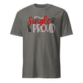 Charcoal t-shirt with 'Single & Proud' text on a white background