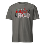 Charcoal t-shirt with 'Single & Proud' text on a white background