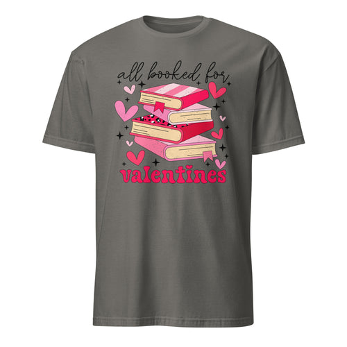 Charcoal t-shirt with Valentine's Day design featuring books and hearts on a white background