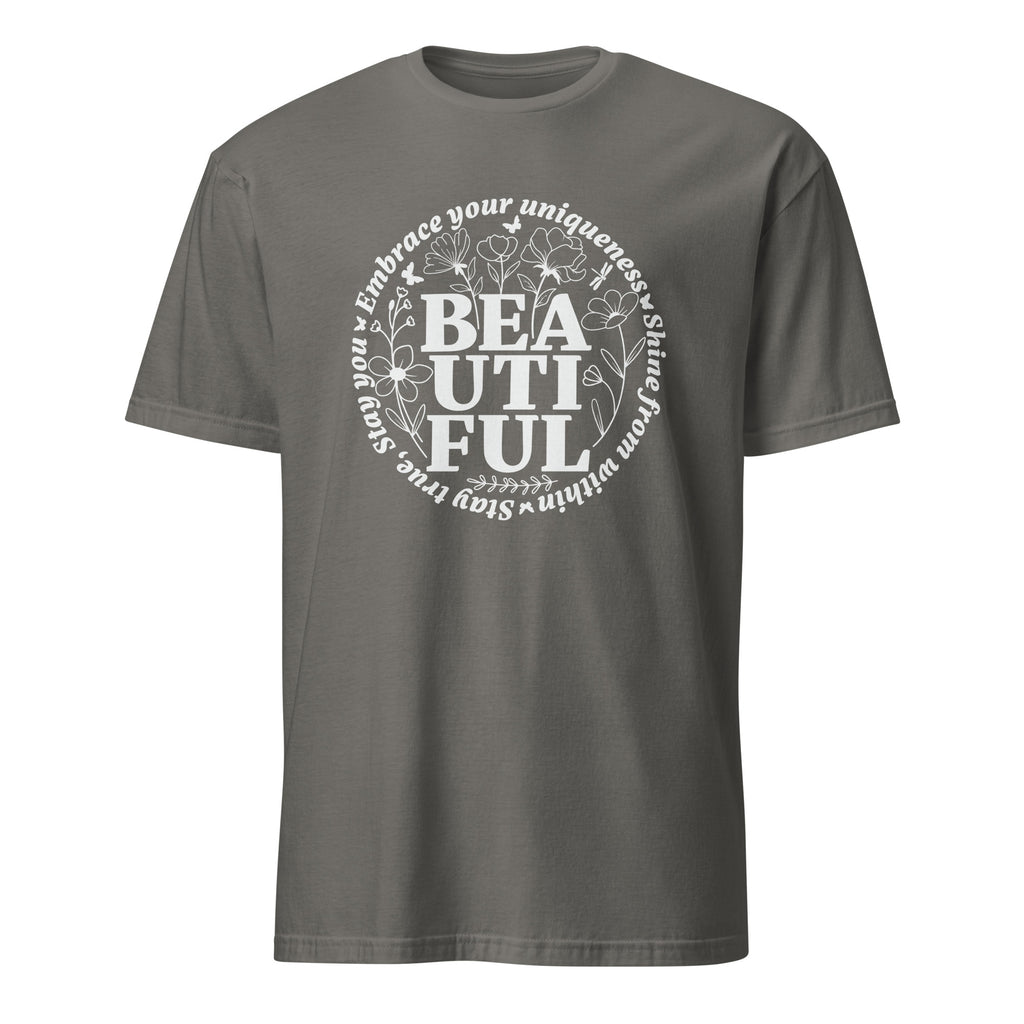 Charcoal t-shirt with motivational text design on a white background