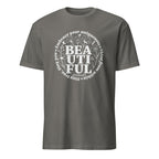 Charcoal t-shirt with motivational text design on a white background