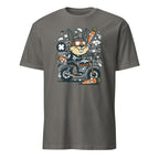 Charcoal t-shirt with a cartoon rabbit on a motorcycle graphic