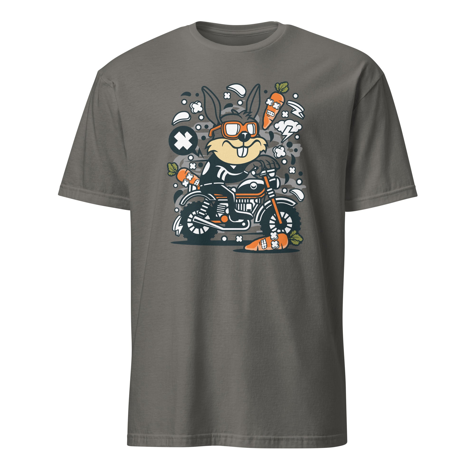 Charcoal t-shirt with a cartoon rabbit on a motorcycle graphic
