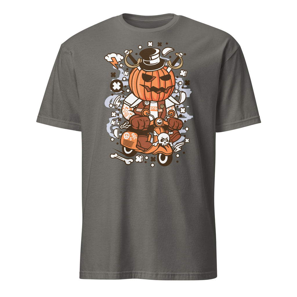 Charcoal t-shirt with a Halloween-themed graphic of a skeleton on a scooter with a pumpkin head.