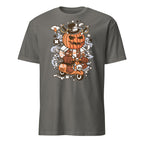 Charcoal t-shirt with a Halloween-themed graphic of a skeleton on a scooter with a pumpkin head.