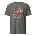 Charcoal t-shirt with a colorful graphic design on a white background
