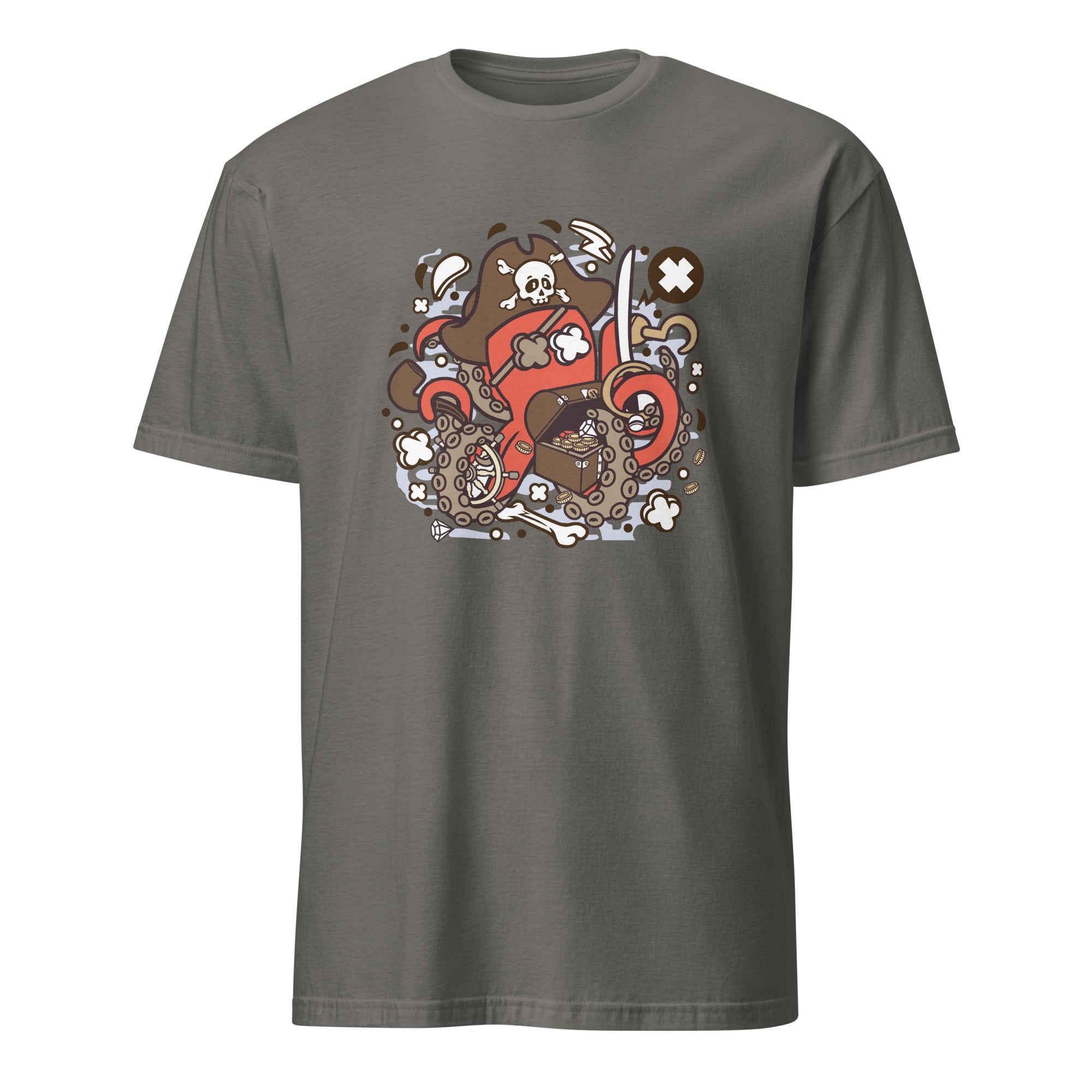 Charcoal t-shirt with a colorful graphic design on a white background