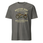Charcoal t-shirt with motorcycle graphic and text on a white background
