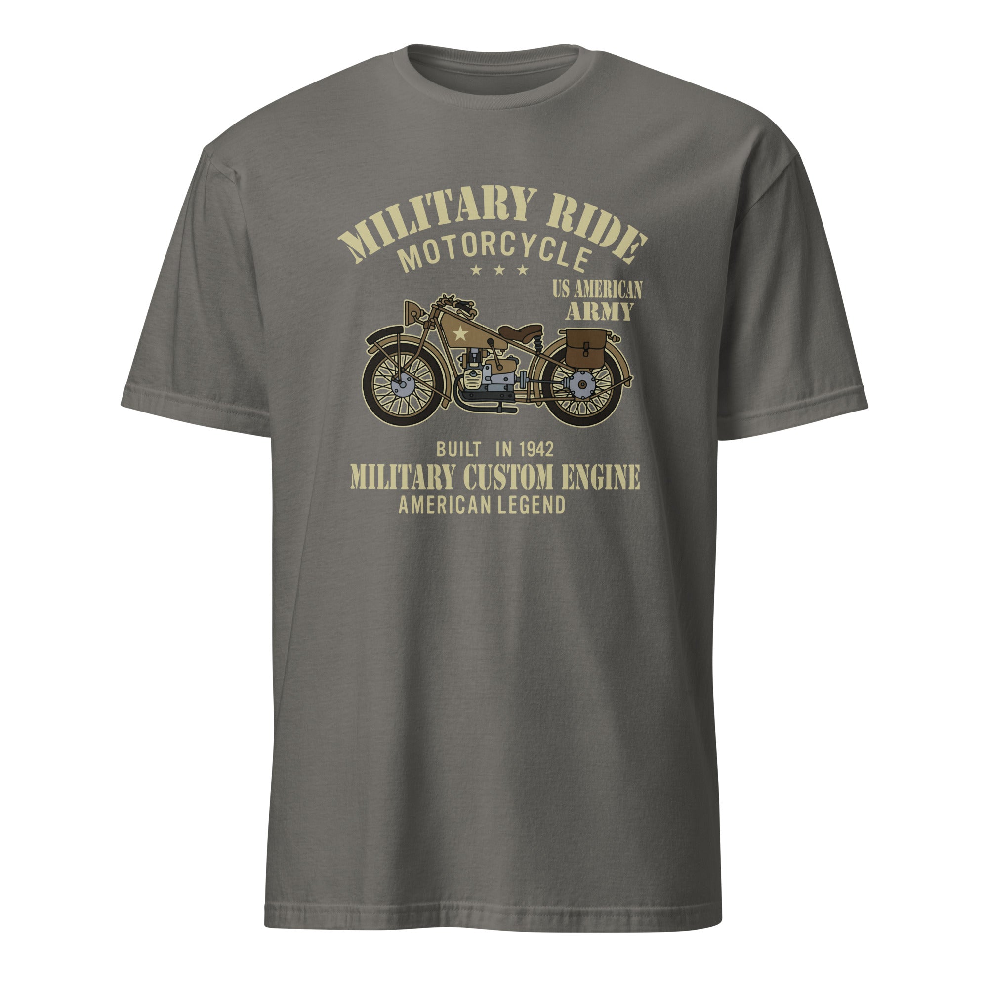 Charcoal t-shirt with motorcycle graphic and text on a white background