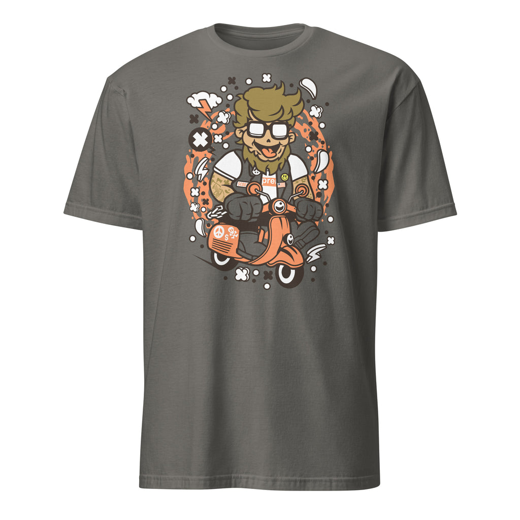 Charcoal t-shirt with a graphic of a bearded man on a scooter on a white background