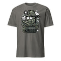 Charcoal t-shirt with a graphic design of a tank and grenade on a white background