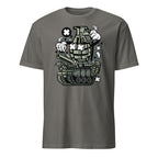 Charcoal t-shirt with a graphic design of a tank and grenade on a white background