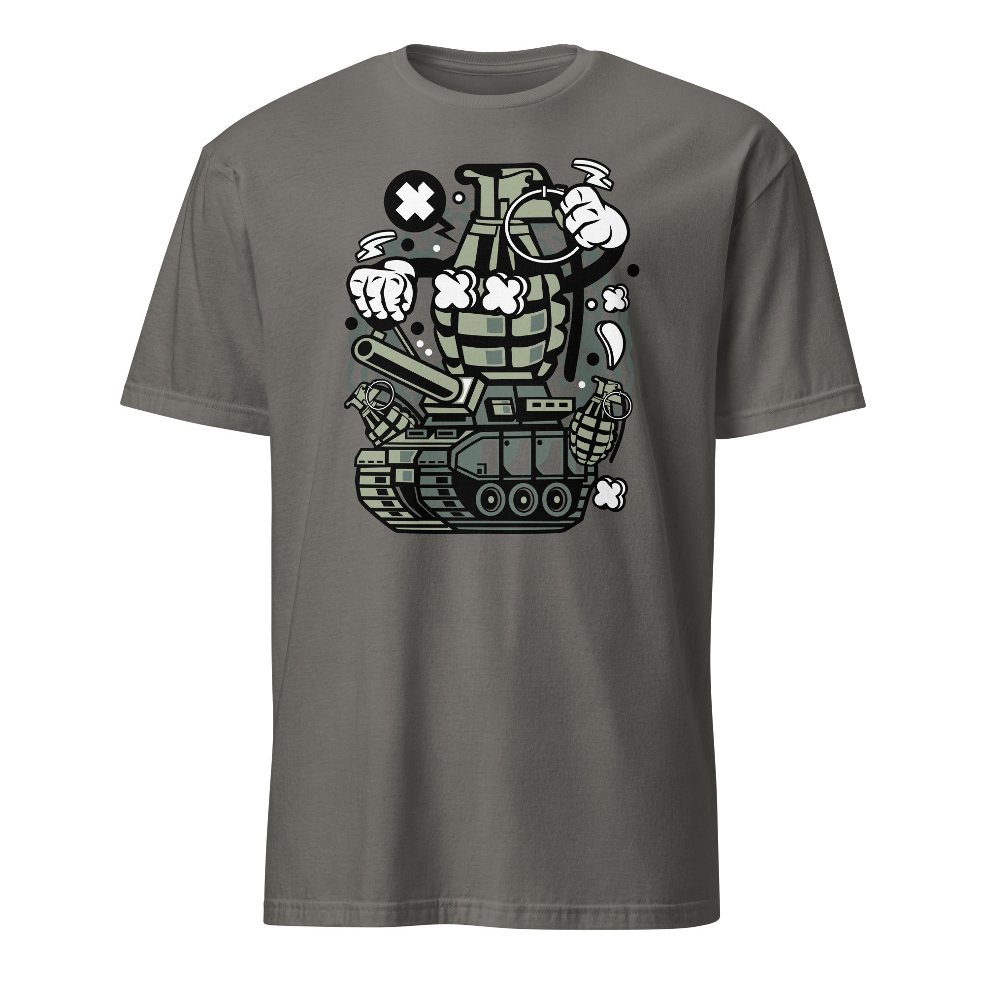 Charcoal t-shirt with a graphic design of a tank and grenade on a white background