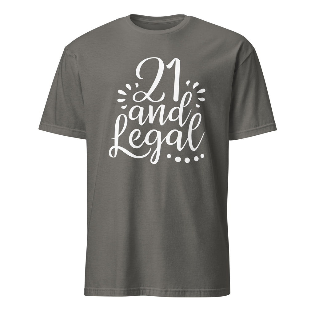 Charcoal t-shirt with '21 and Legal' text on a white background