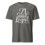 Charcoal t-shirt with '21 and Legal' text on a white background