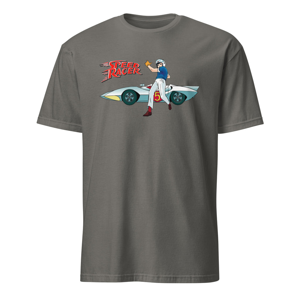 Charcoal t-shirt with Speed Racer graphic on a white background