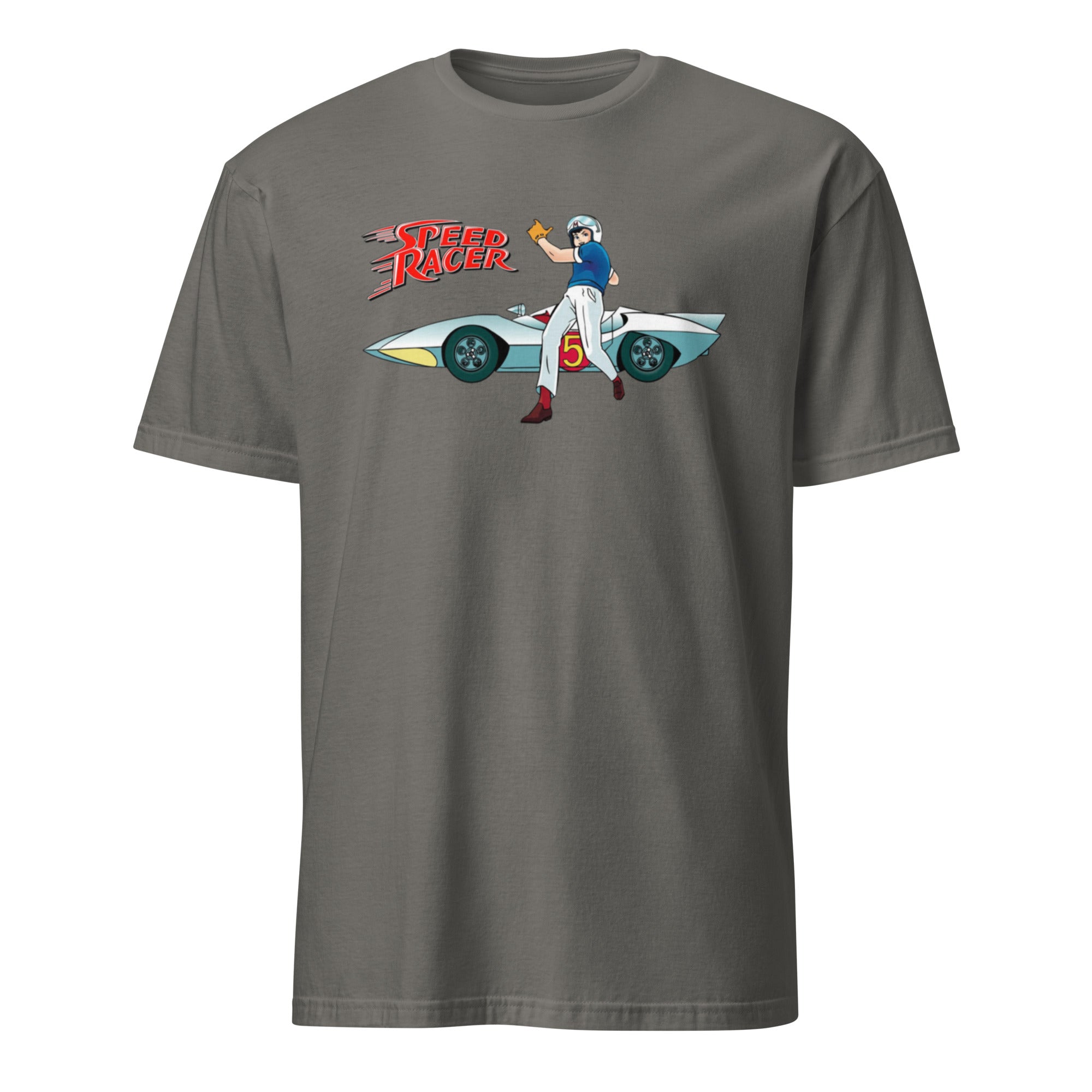 Charcoal t-shirt with Speed Racer graphic on a white background