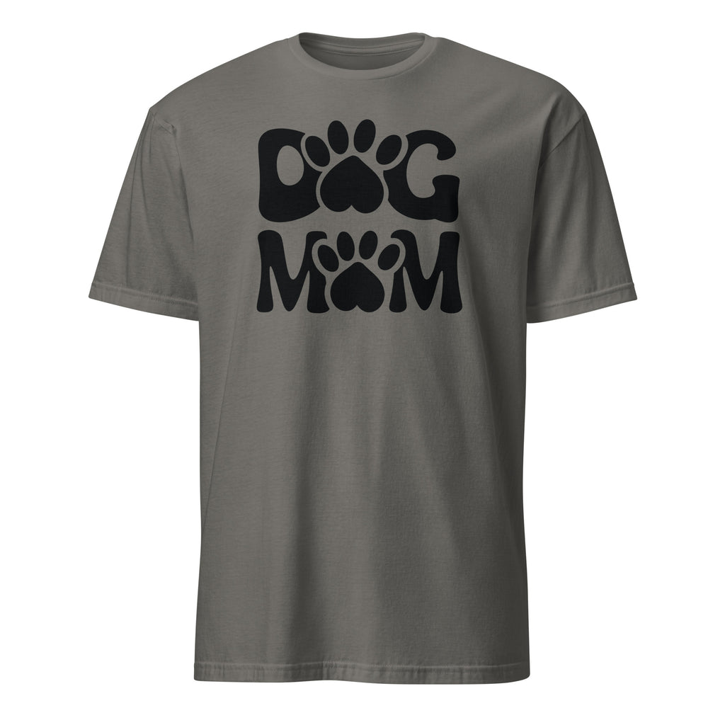 Gray t-shirt with 'Dog Mom' text and paw prints on a white background
