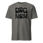 Gray t-shirt with 'Dog Mom' text and paw prints on a white background