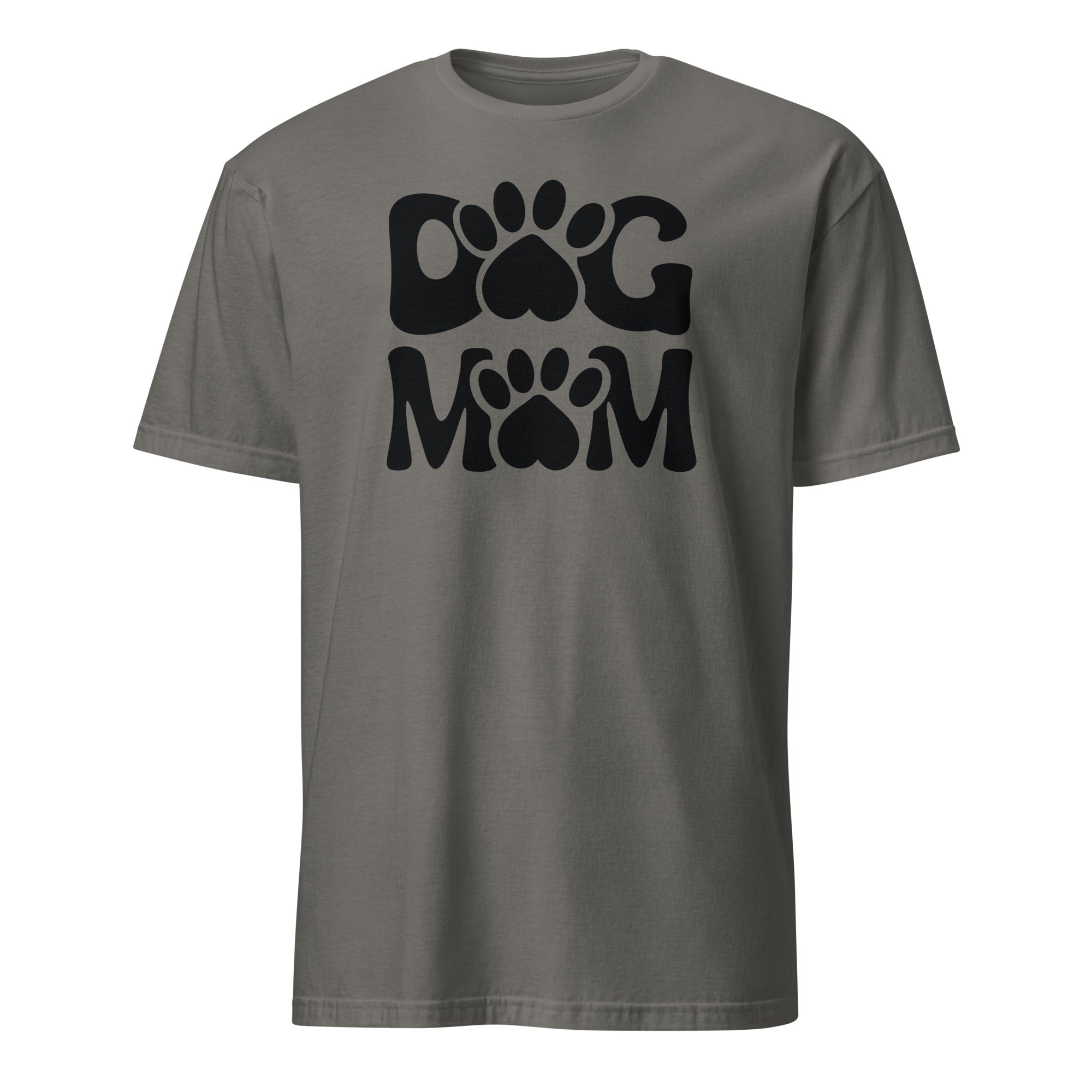 Gray t-shirt with 'Dog Mom' text and paw prints on a white background