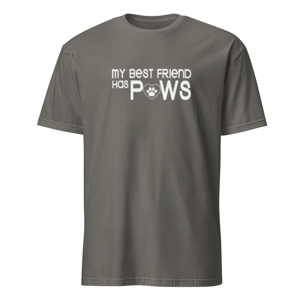 Grey t-shirt with 'My Best Friend Has Paws' text on a white background
