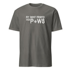 Grey t-shirt with 'My Best Friend Has Paws' text on a white background