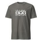 Grey t-shirt with 'Life Is Great, Pets Make it better' design on a white background