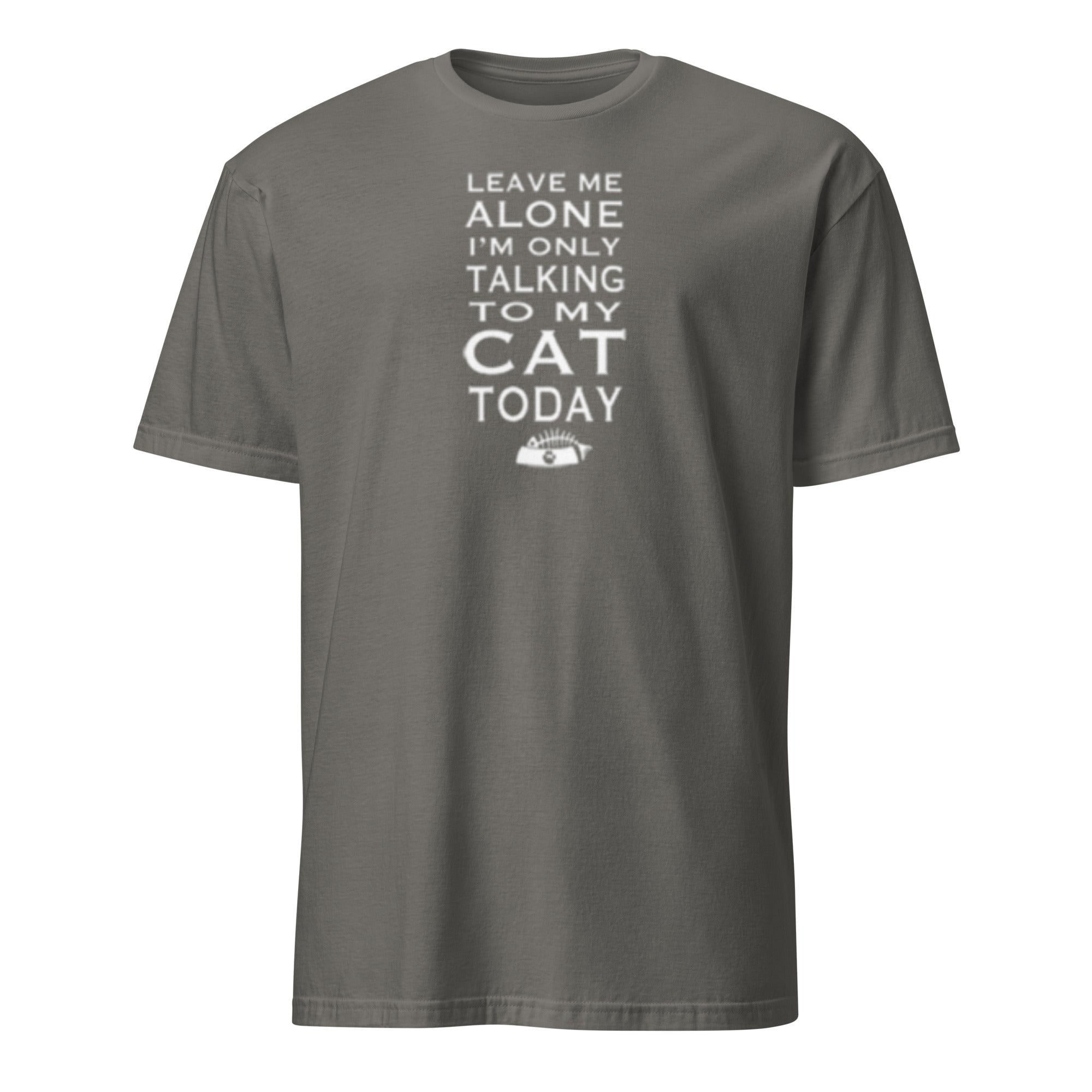 Grey t-shirt with white text 'Leave Me Alone I'm Only Talking To My Cat Today' on a white background