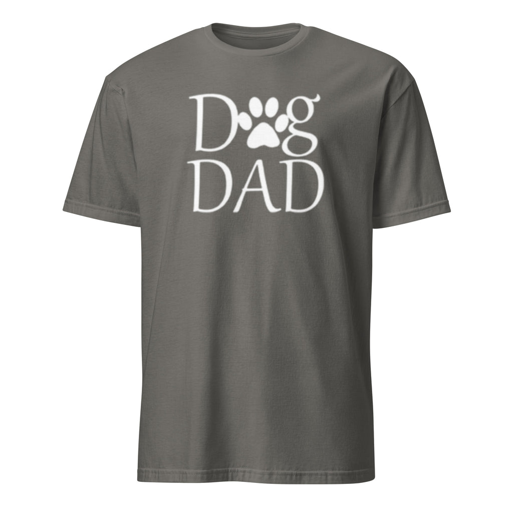 Gray t-shirt with 'Dog Dad' text and paw print on a white background