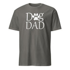Gray t-shirt with 'Dog Dad' text and paw print on a white background